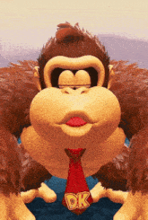 a cartoon monkey with a red tie and the word dk on his neck