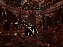 a skeleton is sitting on the floor in a room with pumpkins