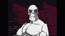 a cartoon drawing of a man with red eyes holding a can in his mouth