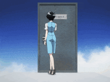 a woman in a blue dress is standing in front of a door that says " do n't open it "