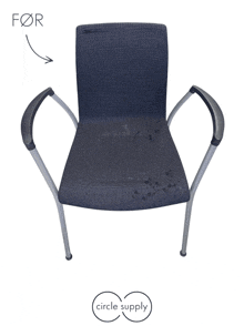 a before and after picture of a chair with circle supply in the corner