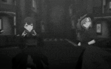 a black and white photo of three anime characters one of whom has the letters ei on his shirt