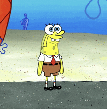 a cartoon of spongebob standing on a beach
