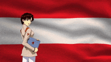 a girl is standing in front of a red and white flag and holding a book