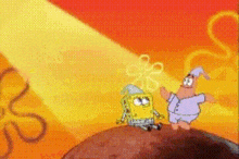 spongebob and patrick from spongebob squarepants are standing on top of a rock .