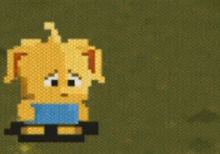 a pixel art drawing of a yellow dog with a blue shirt on