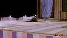 a wooden stage with a purple and pink striped curtain and the words may lakes on the bottom
