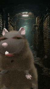 a rat with a pink lip is standing in a dark alleyway