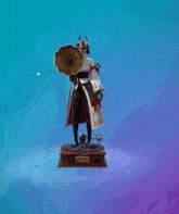 a statue of a woman in a kimono is playing a record player