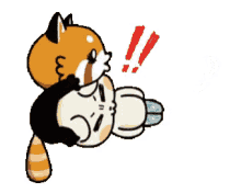 a cartoon of a fox holding a baby with a red exclamation mark .