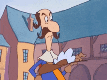 a cartoon character with a mustache is standing in front of buildings