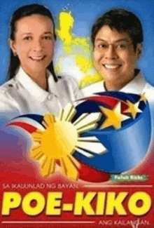 a poster for poe-kiko shows a man and a woman holding a flag