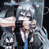 a picture of hatsune miku holding a pair of scissors with the caption " hagane miku de flory "
