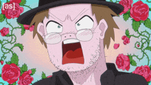 a cartoon of a man with a hat and glasses with roses in the background and the word [ as ] on the bottom left