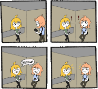 a cartoon of a girl saying meow while holding a phone