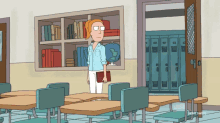 a cartoon of a woman standing in a classroom with lockers