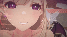 a close up of a girl with purple eyes and a smile that says " a smile "