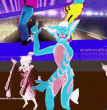 a cartoon drawing of a blue and pink furry animal dancing