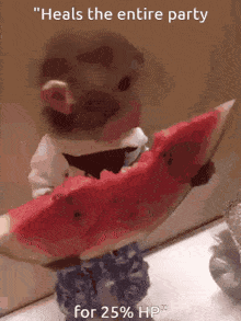 a pig is holding a slice of watermelon and says " heals the entire party for 25% hp "