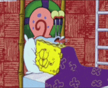 a cartoon of a snail laying in bed with spongebob