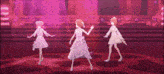 three anime girls are dancing on a stage with pink lights