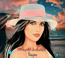 a drawing of a woman wearing a hat with the name layan written below her