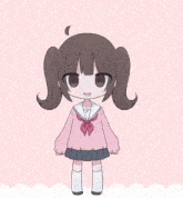 a drawing of a girl with pigtails wearing a pink uniform