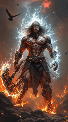 a man with a beard and long hair is holding a large axe