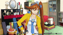 a woman in a yellow jacket and tie is standing in a messy room with the options button on the bottom