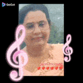 a woman wearing glasses is surrounded by pink treble clef and hearts and the words good morning