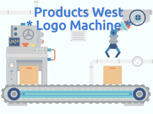 an illustration of a logo machine with the words products west logo machine above it