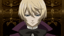 a blonde haired anime character with a black bow tie