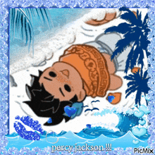 a cartoon of percy jackson laying on a beach