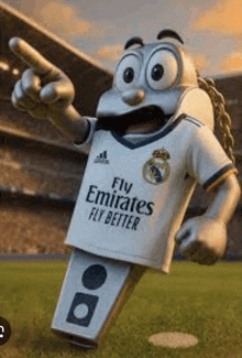 a mascot wearing a fly emirates fly better shirt is pointing at something on a field .