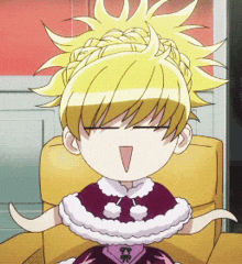 a cartoon girl with blonde hair is sitting in a chair