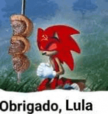 sonic the hedgehog is holding a skewer of meat in his hand .