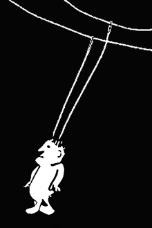 a black and white drawing of a man on a swing