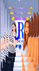 a girl in a striped shirt stands in front of a poster that says bestie 4us