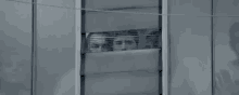 a man is peeking out of a window with a cage around his head .
