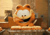 a cartoon character named garfield is eating a tray of sandwiches