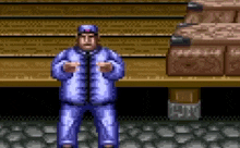 a pixel art of a man in a blue jacket and hat standing in front of a wooden staircase .