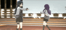 two anime girls are standing next to each other and one has purple hair