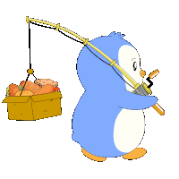 a penguin is holding a fishing rod and a box of hamburgers