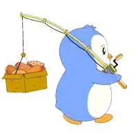 a penguin is holding a fishing rod and a box of hamburgers