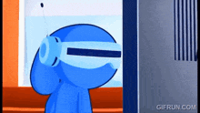 a cartoon character wearing a virtual reality headset is looking out a window
