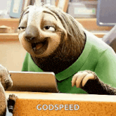 a sloth wearing a green shirt is sitting at a table using a tablet computer .