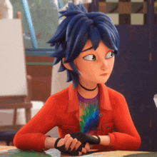 a girl with blue hair and a red jacket is sitting at a table