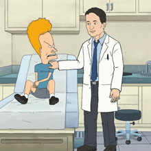 a cartoon of beavis and butthead talking to a doctor with metallica on his shirt