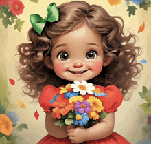 a little girl in a red dress is holding a bouquet of flowers and smiling
