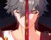 a close up of a person 's face with a sword in front of it